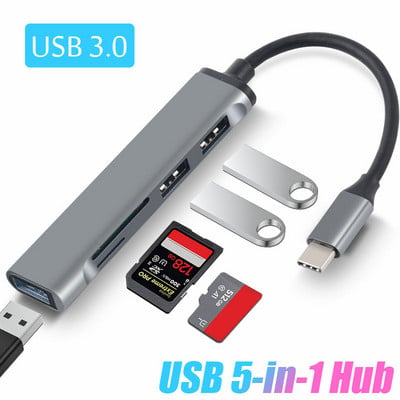 C tipa centrmezgls USB centrmezgls USB 3.0 USB 2.0 TF / SD 5 portu vairāku sadalītāju OTG, kas paredzēts Lenovo HUAWEI Xiaomi alumīnija sakausējuma USB 3.0 centrmezglam personālajam datoram