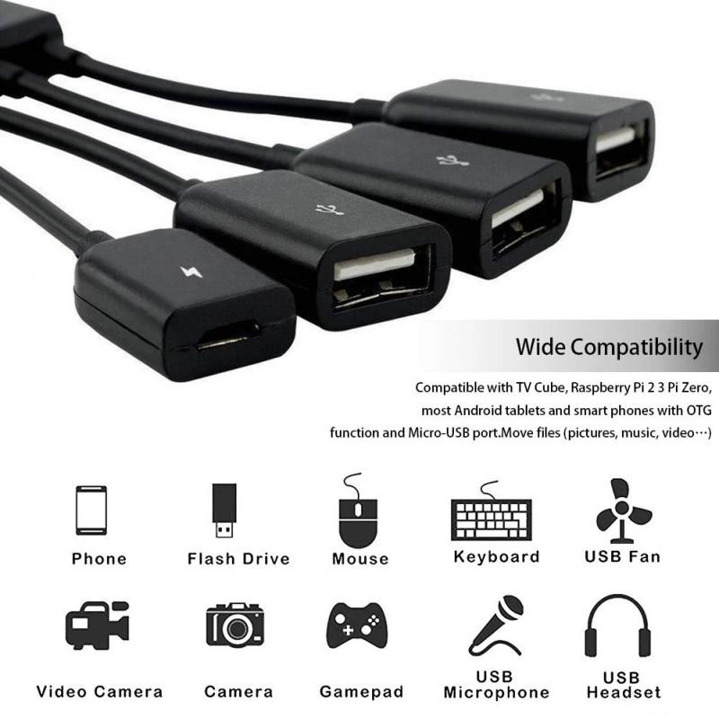 RYRA 4-portový Micro USB 2.0 HUB 4-v-1 OTG Hub napájací adaptér kábel pre Android telefón tablet PC
