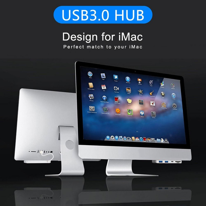 Aliuminio lydinio USB 3.0 HUB kelių prievadų adapterio skirstytuvo išplėtimo doko TF kortelių skaitytuvas, skirtas iMac 21.5 27 PRO Slim Unibody Computer