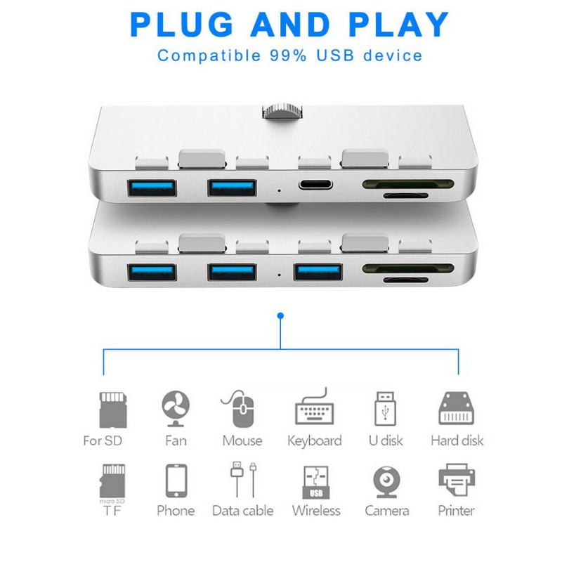 Aliuminio lydinio USB 3.0 HUB kelių prievadų adapterio skirstytuvo išplėtimo doko TF kortelių skaitytuvas, skirtas iMac 21.5 27 PRO Slim Unibody Computer