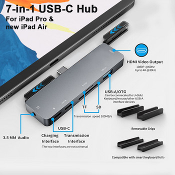 Προσαρμογέας διανομέα USB C για IPad Pro IPad Air MacBook ProAir 7/5/4 σε 1 βάση σύνδεσης με υποδοχή ήχου 4K HDMI USB-C PD SD/TF 3,5 mm