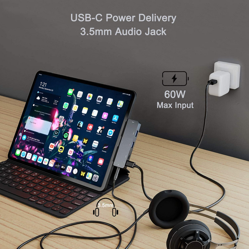 Προσαρμογέας διανομέα USB C για IPad Pro IPad Air MacBook ProAir 7/5/4 σε 1 βάση σύνδεσης με υποδοχή ήχου 4K HDMI USB-C PD SD/TF 3,5 mm