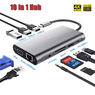 USB C Hub, 10 u 1 Type C Hub Adapter s 1000M RJ45 Ethernet 4K HDMI VGA PD Punjenje TF/SD Jack Audio Video za MacBook Pro OTG