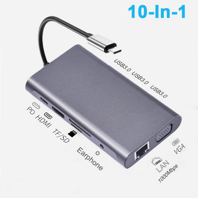 USB C šakotuvas, 10 viename C tipo šakotuvo adapteris su 1000M RJ45 Ethernet 4K HDMI VGA PD įkrovimo TF/SD lizdo garso ir vaizdo įrašas, skirtas MacBook Pro OTG