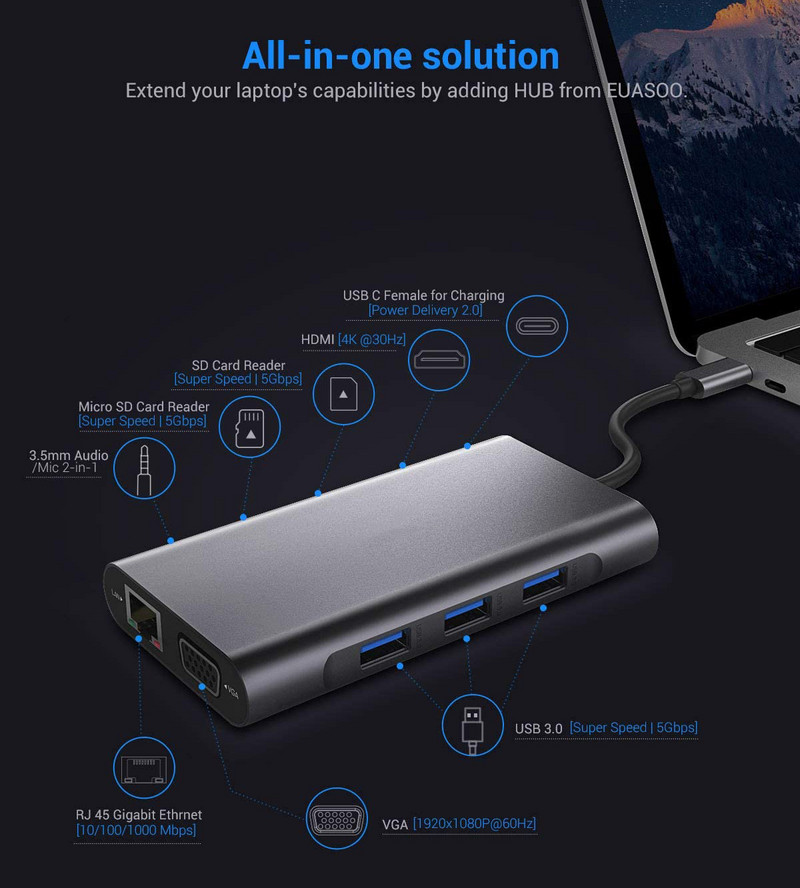 USB C šakotuvas, 10 viename C tipo šakotuvo adapteris su 1000M RJ45 Ethernet 4K HDMI VGA PD įkrovimo TF/SD lizdo garso ir vaizdo įrašas, skirtas MacBook Pro OTG