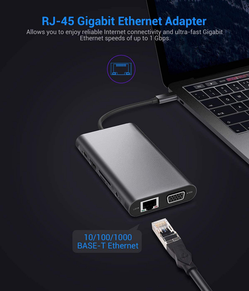 USB C šakotuvas, 10 viename C tipo šakotuvo adapteris su 1000M RJ45 Ethernet 4K HDMI VGA PD įkrovimo TF/SD lizdo garso ir vaizdo įrašas, skirtas MacBook Pro OTG