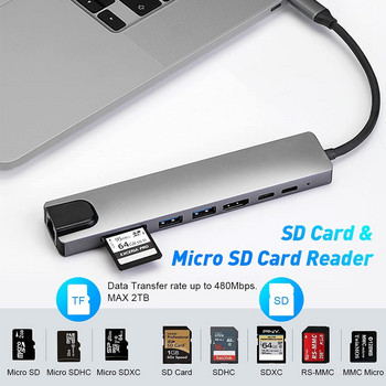 8 σε 1 USB C Hub Dock Station Type-C Adapter Splitter με PD Charge RJ45 Ethernet 4K HDMI TF/SD Card για Macbook Air/Pro Laptop