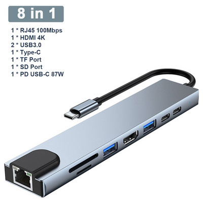 8 viename USB C šakotuvo doko stoties Type-C skirstytuvo adapteris su PD Charge RJ45 Ethernet 4K HDMI TF/SD kortele, skirta Macbook Air/Pro nešiojamajam kompiuteriui