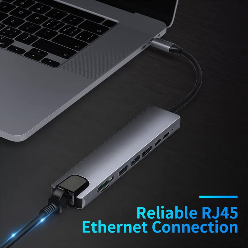 8 viename USB C šakotuvo doko stoties Type-C skirstytuvo adapteris su PD Charge RJ45 Ethernet 4K HDMI TF/SD kortele, skirta Macbook Air/Pro nešiojamajam kompiuteriui