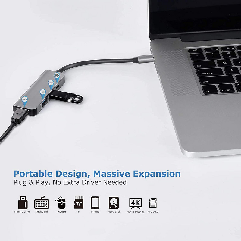 4 viename USB C šakotuvo kelių prievadų adapteris su 4K HDMI USB 3.0 87 W PD Thunderbolt 3 USB šakotuvas nešiojamiesiems kompiuteriams Macbook Pro/Air Xiaomi Notebook