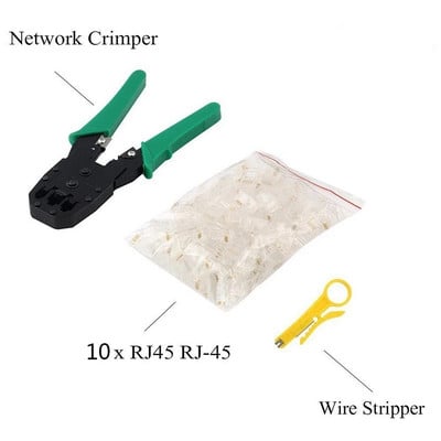 3in1 tinklo kabelių užspaudimo replių įrankių rinkinys su 10 vnt RJ45 8P8C tinklo kabelio jungtimi, skirta Cat5/5e Cat6 kabelių testerio taisymui