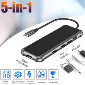 5 viename doko stoties USB šakotuvas 4K su HDMI suderinamas RJ45 SD TF kortelių skaitytuvas C tipo koncentratorius Adapterio skirstytuvas USB3.0 prijungimas