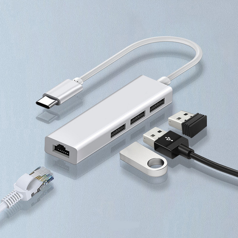 C tipo USB koncentratorius C tipo skirstytuvas USB C koncentratorius iki RJ45 tinklo plokštė 100M USB 2.0 šakotuvas, skirtas kompiuteriui nešiojamojo kompiuterio adapteris 4 prievadų doko stotis