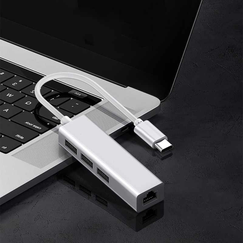 C tipo USB koncentratorius C tipo skirstytuvas USB C koncentratorius iki RJ45 tinklo plokštė 100M USB 2.0 šakotuvas, skirtas kompiuteriui nešiojamojo kompiuterio adapteris 4 prievadų doko stotis