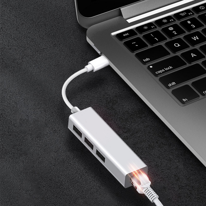 C tipo USB koncentratorius C tipo skirstytuvas USB C koncentratorius iki RJ45 tinklo plokštė 100M USB 2.0 šakotuvas, skirtas kompiuteriui nešiojamojo kompiuterio adapteris 4 prievadų doko stotis