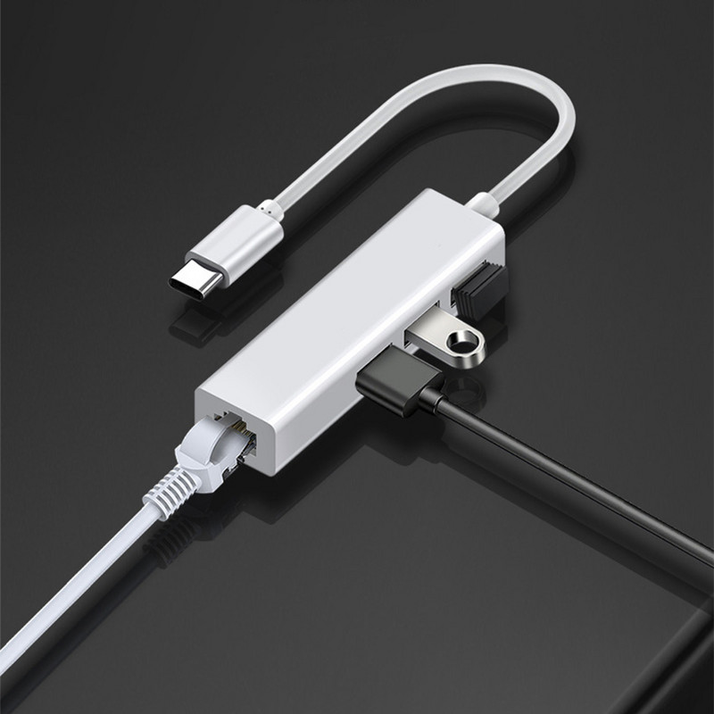 C tipo USB koncentratorius C tipo skirstytuvas USB C koncentratorius iki RJ45 tinklo plokštė 100M USB 2.0 šakotuvas, skirtas kompiuteriui nešiojamojo kompiuterio adapteris 4 prievadų doko stotis