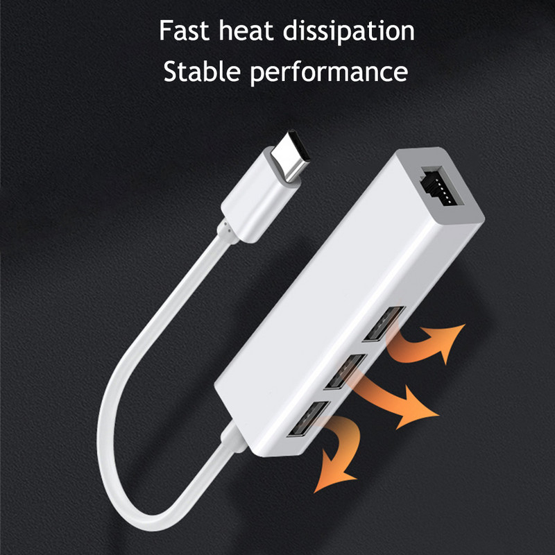 C tipo USB koncentratorius C tipo skirstytuvas USB C koncentratorius iki RJ45 tinklo plokštė 100M USB 2.0 šakotuvas, skirtas kompiuteriui nešiojamojo kompiuterio adapteris 4 prievadų doko stotis