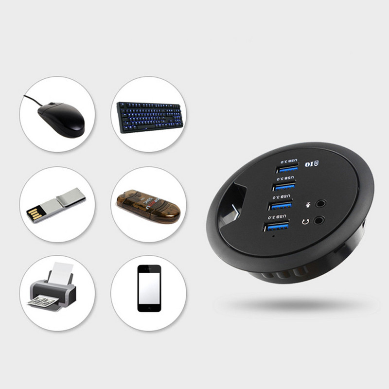 USB šakotuvo palaikymas kompiuterio tvirtinimui prie stalo 4 prievadų USB 3.0 koncentratoriaus adapteris ir išorinio stereo garso adapterio derinys