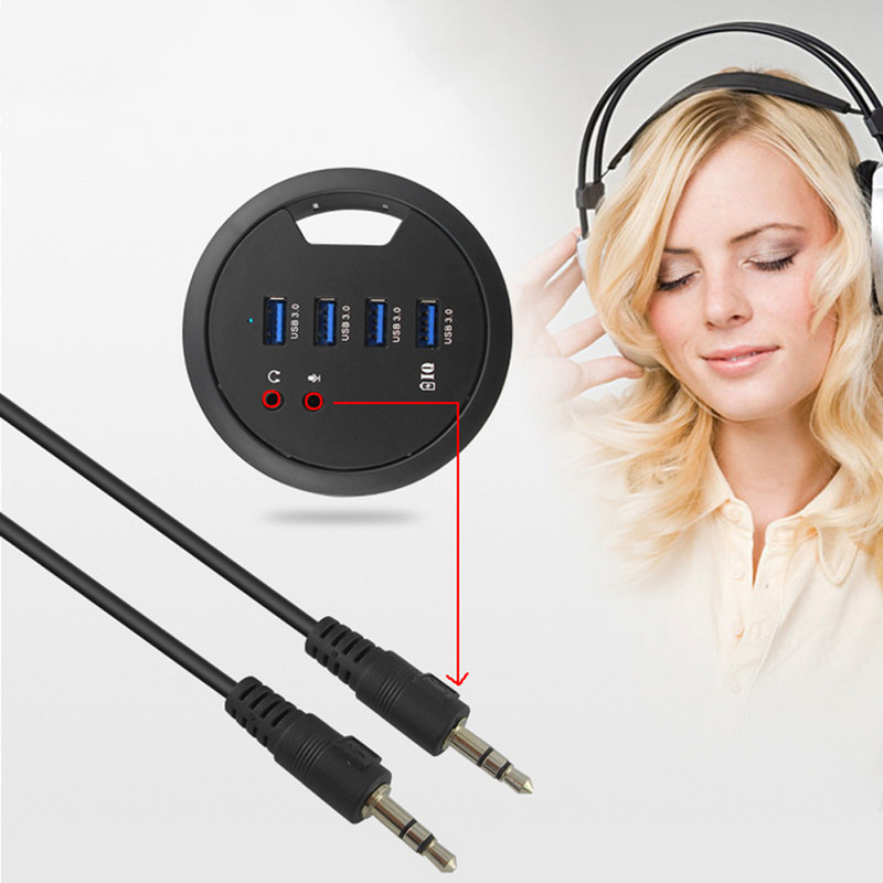 USB šakotuvo palaikymas kompiuterio tvirtinimui prie stalo 4 prievadų USB 3.0 koncentratoriaus adapteris ir išorinio stereo garso adapterio derinys