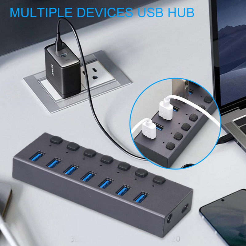 5 Gbps 7 prievadų USB3.0 šakotuvo duomenų perdavimo įkrovimo skirstytuvas su atskiru išjungimo / įjungimo jungikliu LED indikatoriaus šakotuvas, skirtas kompiuteriui, skirtas PS4 HDD