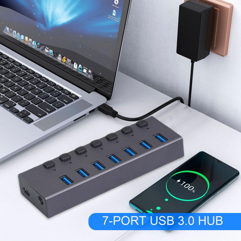5 Gbps 7 prievadų USB3.0 šakotuvo duomenų perdavimo įkrovimo skirstytuvas su atskiru išjungimo / įjungimo jungikliu LED indikatoriaus šakotuvas, skirtas kompiuteriui, skirtas PS4 HDD