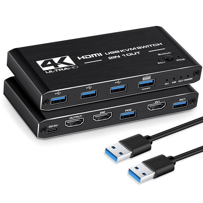 4K USB KVM jungiklis USB 3.0 perjungiklis Su HDMI suderinamas KVM jungiklis 2 in 1 Out, skirtas 2 kompiuterių bendrinimo klaviatūra ir pele EDID / HDCP spausdintuvas