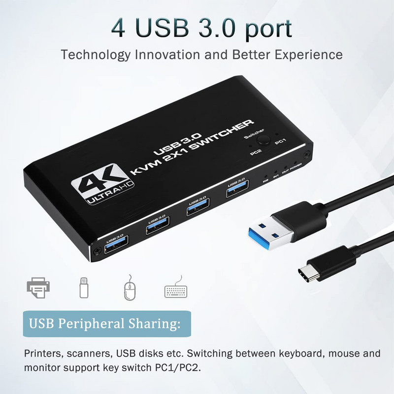 4K USB KVM jungiklis USB 3.0 perjungiklis Su HDMI suderinamas KVM jungiklis 2 in 1 Out, skirtas 2 kompiuterių bendrinimo klaviatūra ir pele EDID / HDCP spausdintuvas