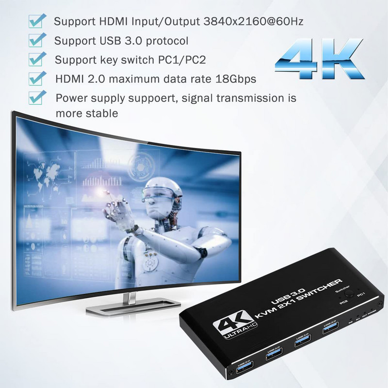 4K USB KVM jungiklis USB 3.0 perjungiklis Su HDMI suderinamas KVM jungiklis 2 in 1 Out, skirtas 2 kompiuterių bendrinimo klaviatūra ir pele EDID / HDCP spausdintuvas