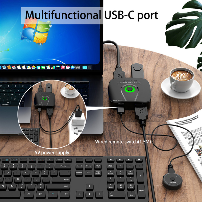USB KVM dvipusis jungiklis USB 3.0 perjungiklis KVM jungiklis, skirtas Windows10 kompiuterio klaviatūra pelė spausdintuvas 2 kompiuteriai bendrinami 4 įrenginiai USB jungiklis
