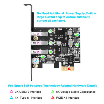 USB 3.0+Type-c порт PCI-E разширителна карта PCI Express 1X PCIe USB 3.0 HUB адаптерна карта 4-портов USB3.0 контролер за 2U корпус 5Gbps