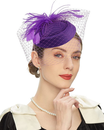 Γυναικεία κομψά καπέλο Fascinator Cocktail Wedding Party Church Headpiece Fashion Headwear με πέπλο Αξεσουάρ μαλλιών με πούπουλα Νύφη