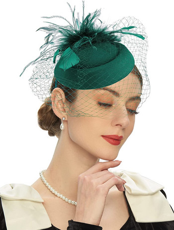 Γυναικεία κομψά καπέλο Fascinator Cocktail Wedding Party Church Headpiece Fashion Headwear με πέπλο Αξεσουάρ μαλλιών με πούπουλα Νύφη