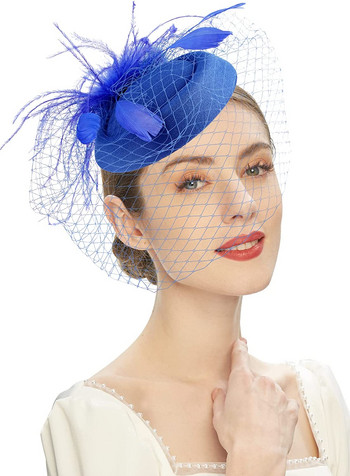 Γυναικεία κομψά καπέλο Fascinator Cocktail Wedding Party Church Headpiece Fashion Headwear με πέπλο Αξεσουάρ μαλλιών με πούπουλα Νύφη