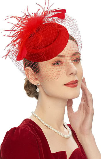 Γυναικεία κομψά καπέλο Fascinator Cocktail Wedding Party Church Headpiece Fashion Headwear με πέπλο Αξεσουάρ μαλλιών με πούπουλα Νύφη