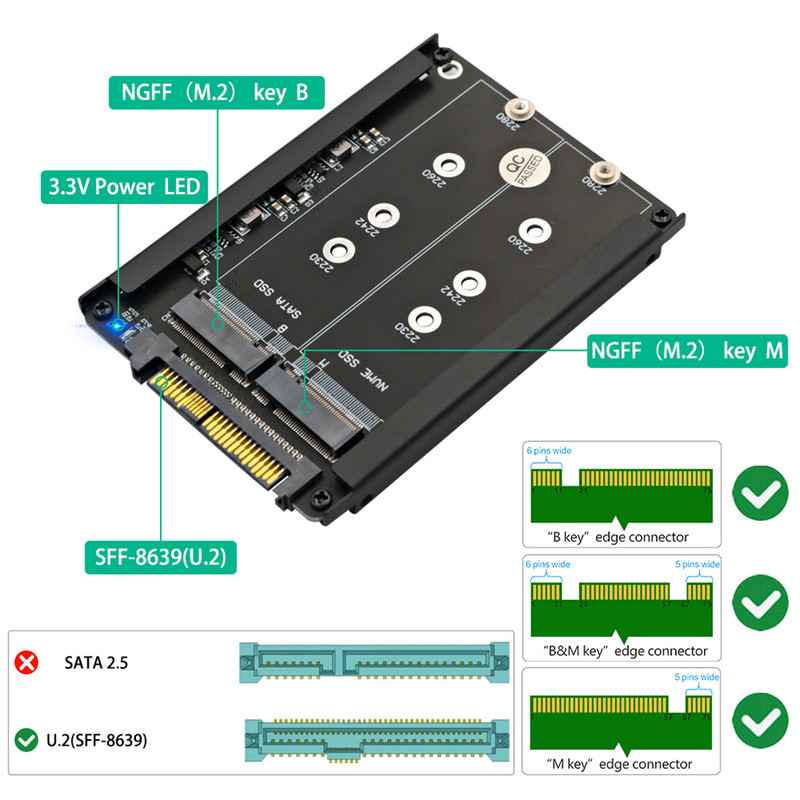 2 viename metalinis dėklas B raktas B+M raktas M.2, skirtas SATA NVME SSD į SFF-8639 U.2 adapterio kortelę su korpuso lizdu M.2 adapteriu