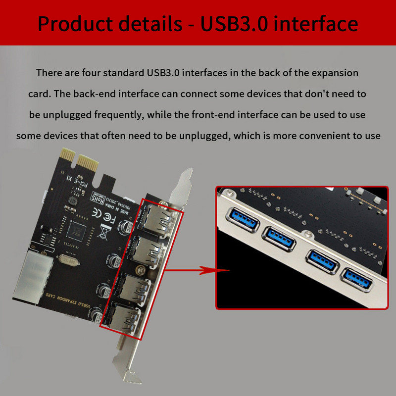 PCI-E į USB išplėtimo plokštė USB 3 0 PCI-E plėstuvo plokštė 4 prievadų adapterio plokštės kompiuterio priedas