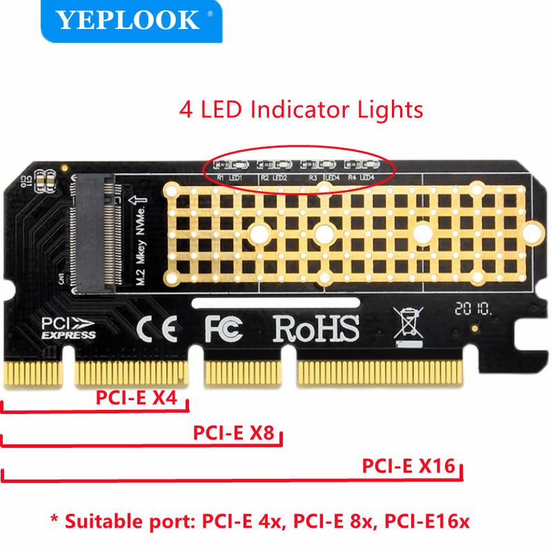 M Key M.2 NVMe NGFF σε PCIe X16 X8 X4 SSD Riser Adapter with LED Indicator Full Speed 6000MB/s Not for B Key (SATA) Free Driver