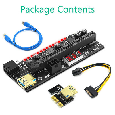 PCIE Riser 1x 16x grafikos išplėtimo plokštė su 6P į SATA laidu ir USB 3.0 stovo kabeliu, skirta GPU maitinamam stovo PCI-E adapterio kortelei