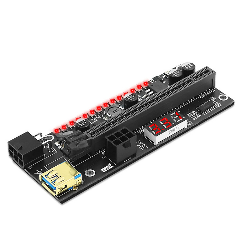 PCIE Riser 1x 16x grafikos išplėtimo plokštė su 6P į SATA laidu ir USB 3.0 stovo kabeliu, skirta GPU maitinamam stovo PCI-E adapterio kortelei