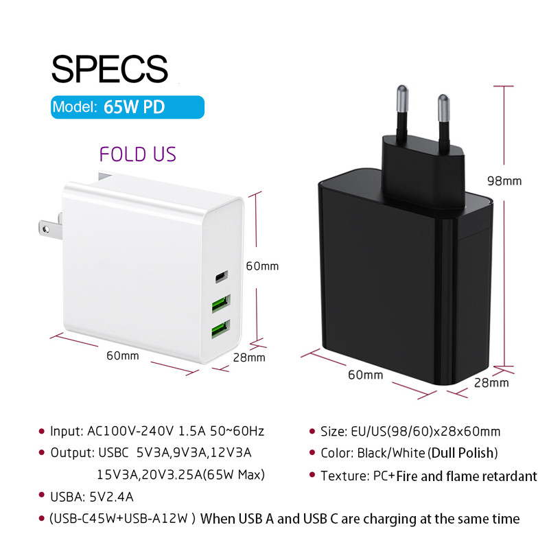 65 W USB C PD įkroviklis Quick Charge 3.0 Type C universalus maitinimo adapteris, skirtas MacBook Lenovo Huawei Samsung Xiaomi Fast USB Charger