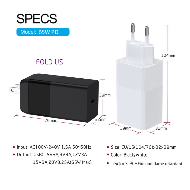 GaN 65W USB C įkroviklio greito įkrovimo adapteris, skirtas Macbook Hp Lenovo Asus nešiojamojo kompiuterio USB telefono įkroviklis, skirtas iPhone 13 Samsung S20 S21