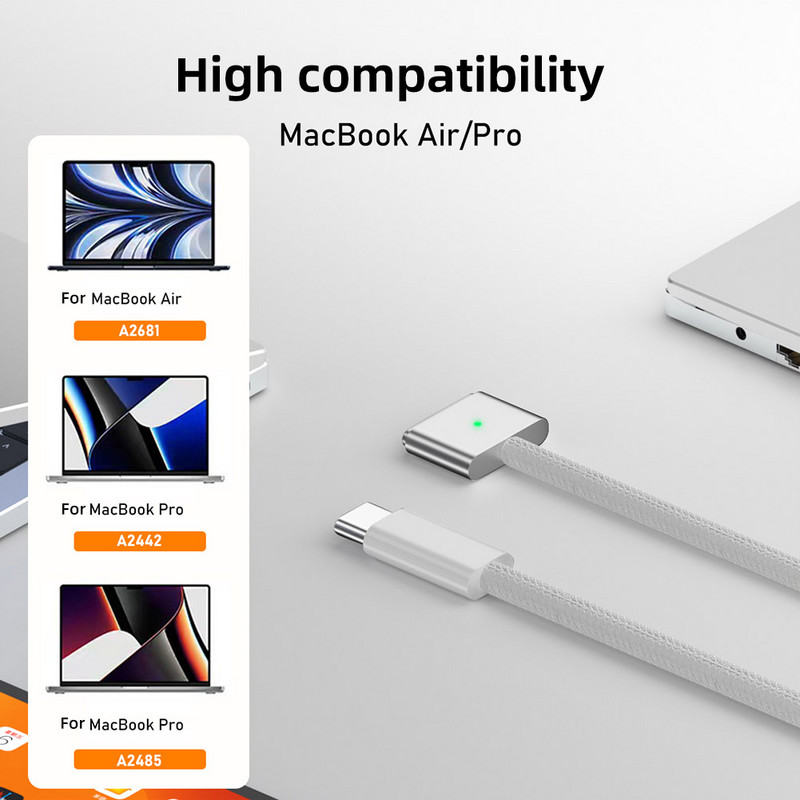 2M PD140W Type-C a Magsafe 3 gyorstöltő kábel mágneses csatlakozója MacBook Air M2/2022 MacBook Pro 14/16 hüvelykes/M2/2023 rendszerhez 2021