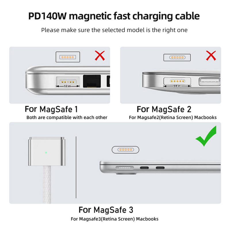 2M PD140W Type-C a Magsafe 3 gyorstöltő kábel mágneses csatlakozója MacBook Air M2/2022 MacBook Pro 14/16 hüvelykes/M2/2023 rendszerhez 2021