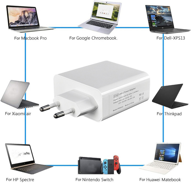 65W 20V 3.25A USB Type C PD lādētājs 45W USB C Power klēpjdatora adapteris Macbook Pro 12 13 Huawei Matebook HP DELL XPS piezīmjdatoriem