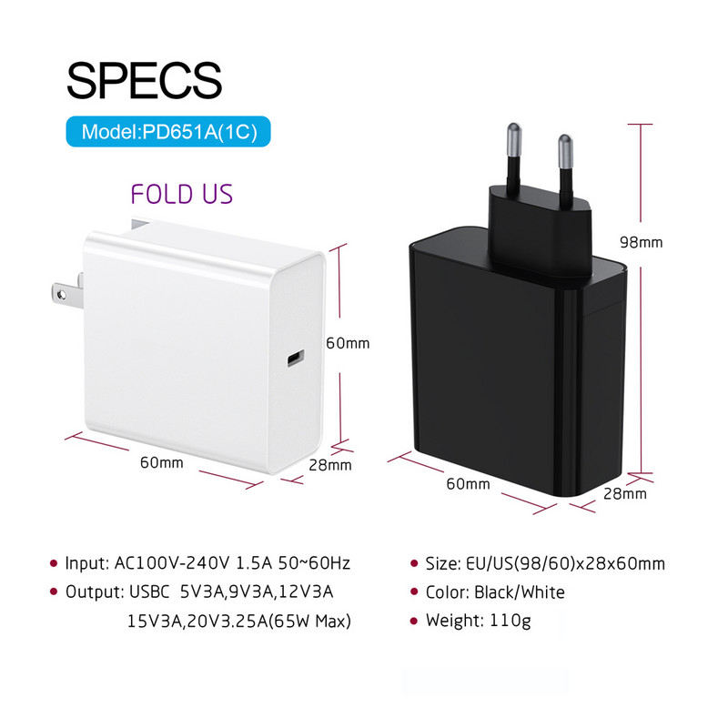 65W 20V 3.25A USB Type C PD lādētājs 45W USB C Power klēpjdatora adapteris Macbook Pro 12 13 Huawei Matebook HP DELL XPS piezīmjdatoriem