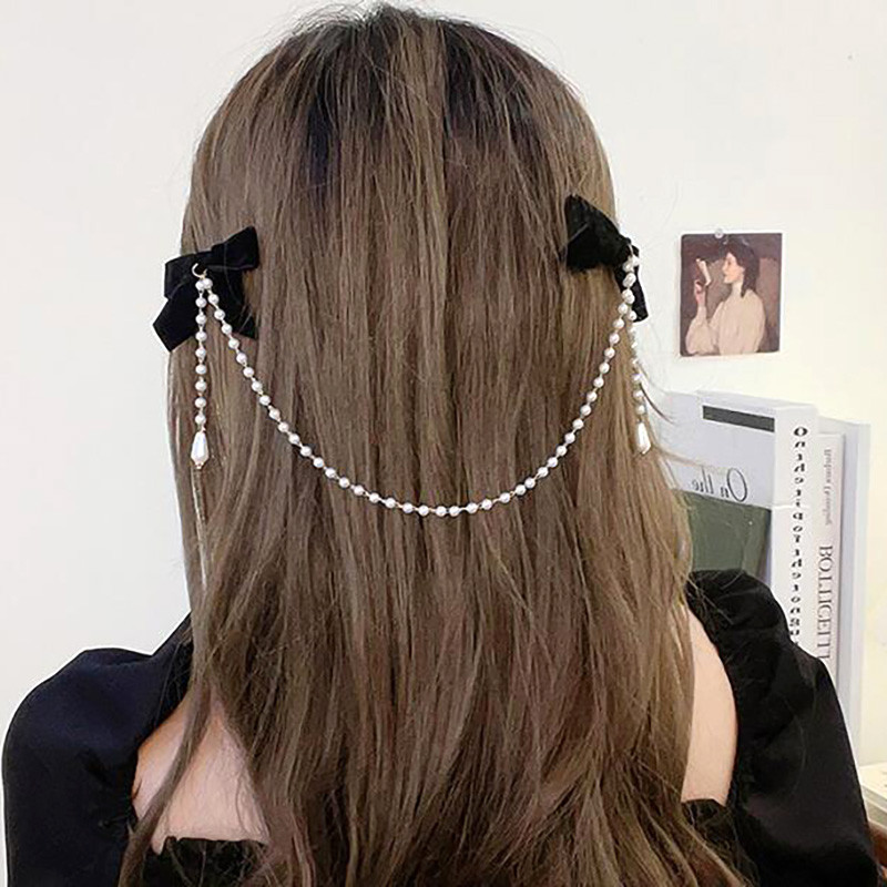 Sweet Girl Kutas Vintage Bow Pearl Grandininiai plaukų segtukai Elegantiški plaukai Dekoruokite galvos juosteles Plaukų segtukai moterims Madingi plaukų aksesuarai
