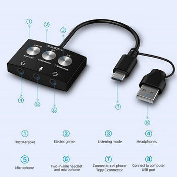 Κάρτα ήχου USB Type-c Ζωντανό παιχνίδι K Song Ακρόαση τραγουδιού USB σε ήχο 3,5 mm Εφέ πολλαπλών ήχων για τηλέφωνο υπολογιστή Ζωντανό παιχνίδι K Song