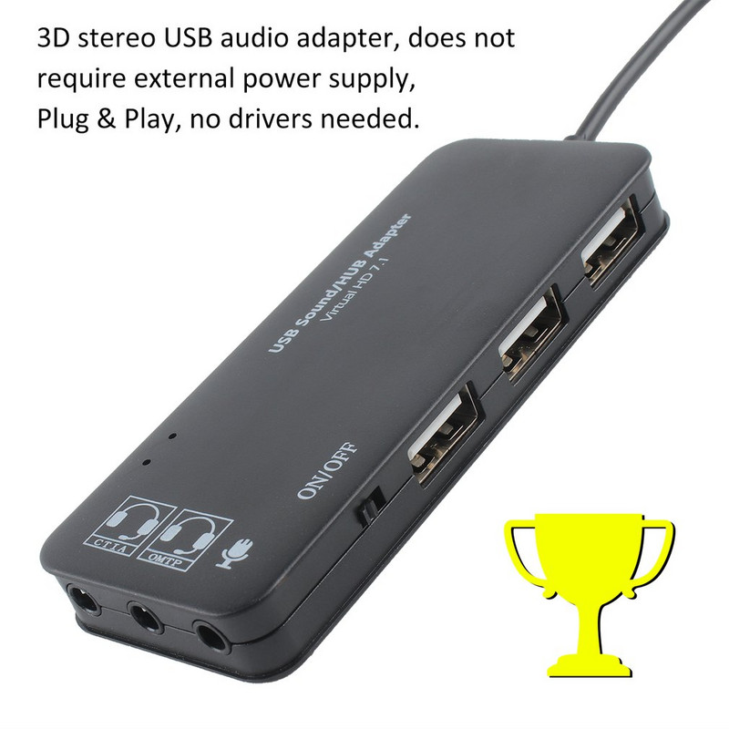 Hub USB2.0 cu 3 porturi Placă de sunet USB externă Fără driver extern Placă de sunet stereo Anulare zgomot Adaptor căști pentru laptop PC