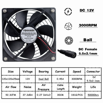YOUNUON 5V 12V 24V 120mm Fan Sleeve/Ball Cooling Fan 120x120x25mm DC Brushless Cooler Fan for PC Case Laptop Computer