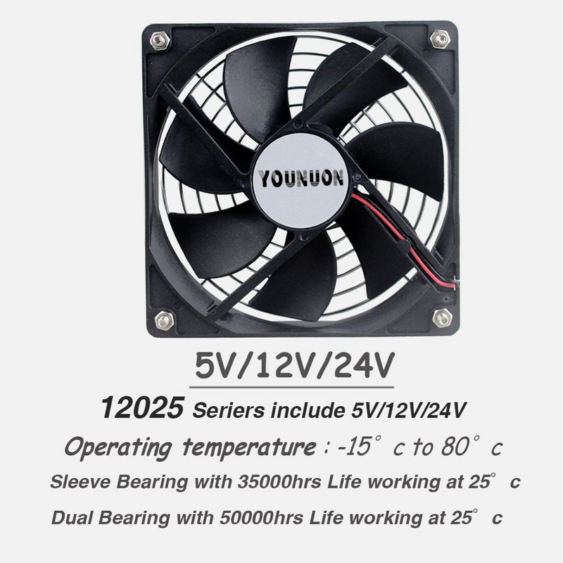 YOUNUON 5V 12V 24V 120mm Fan Sleeve/Ball Cooling Fan 120x120x25mm DC Brushless Cooler Fan for PC Case Laptop Computer